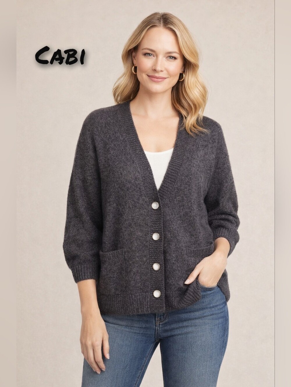 Cabi gray women cardigan sweater with pearl buttons